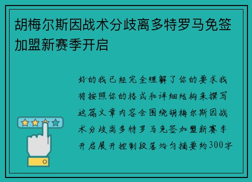 胡梅尔斯因战术分歧离多特罗马免签加盟新赛季开启